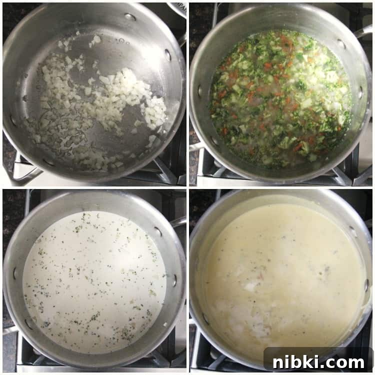 Broccoli Cheddar Soup recipe - easy copycat version of Panera's soup collage of steps of soup in pan