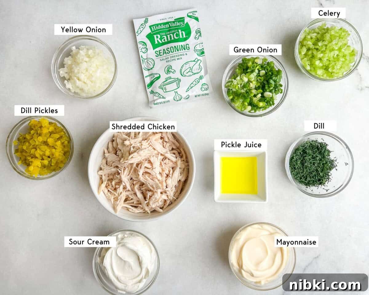 measured ingredients for dill pickle chicken salad