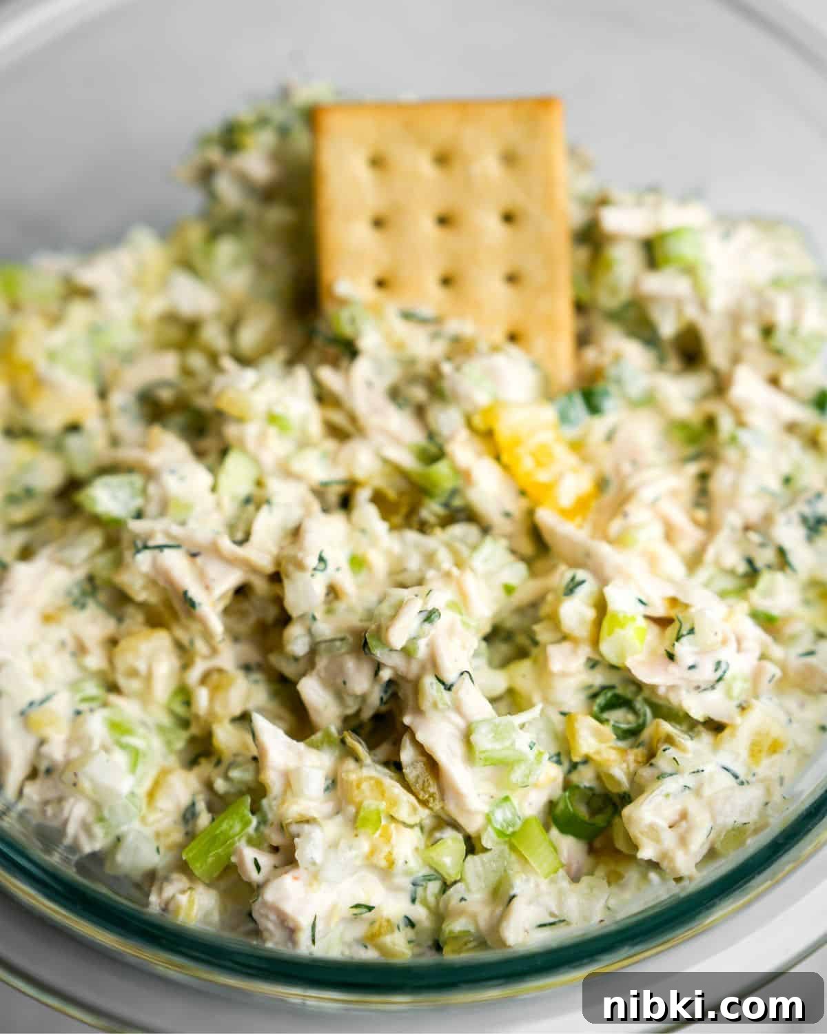 chicken salad in a bowl with a cracker