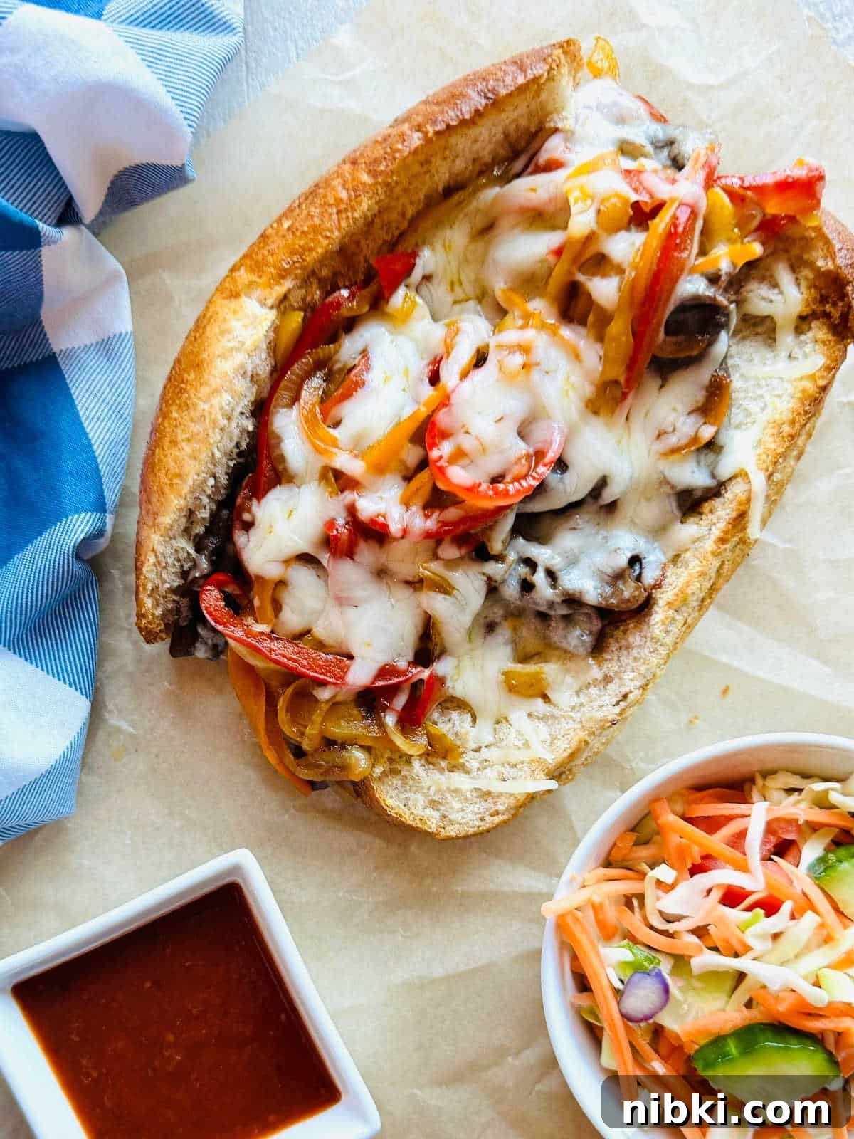 Blackstone philly cheesesteak on a toasted bun, covered in melted cheese with a side of hot sauce.