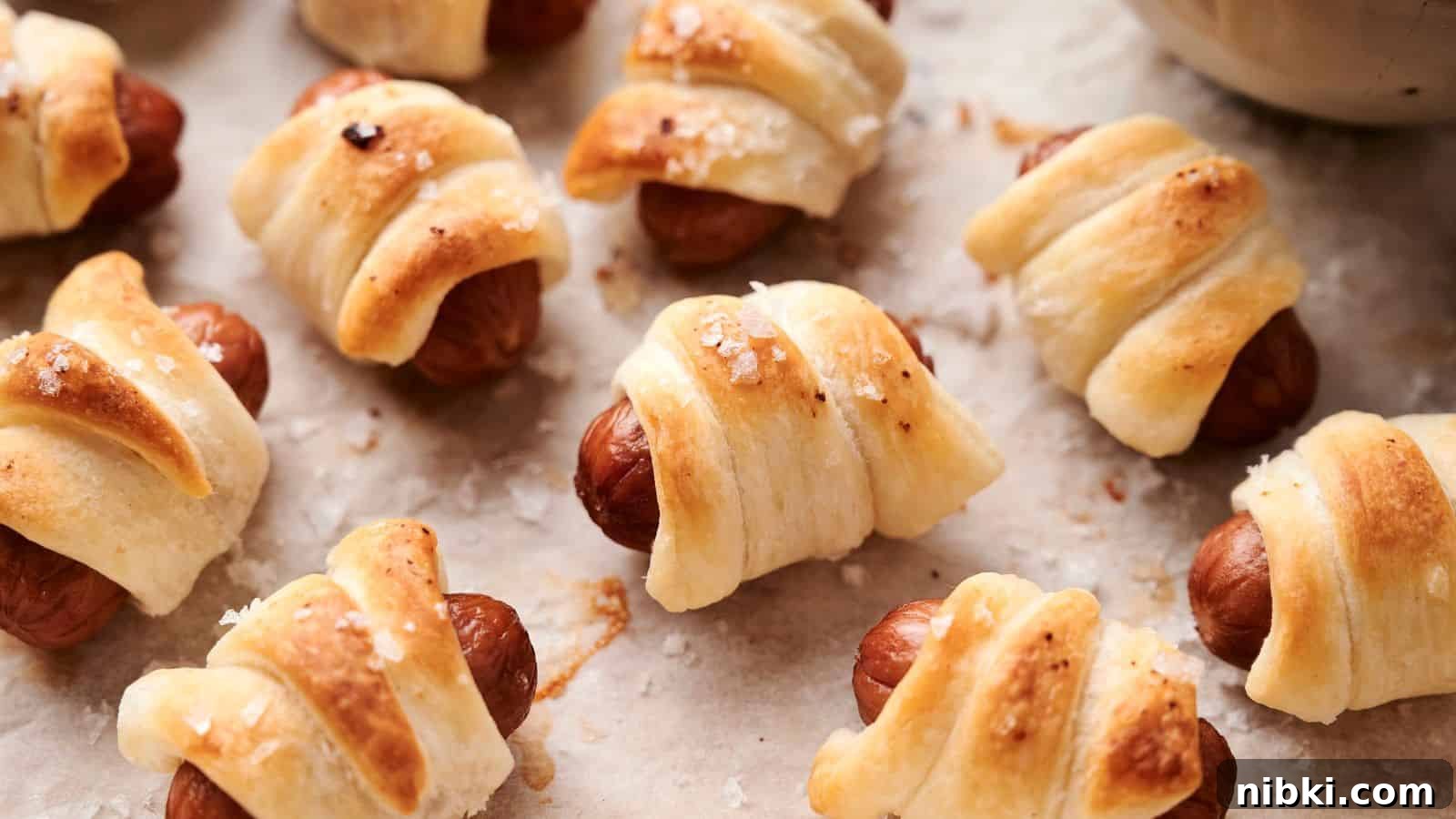 33 Christmas Potluck Recipes to Bring December Magic 11 Pigs in a Blanket, small sausages wrapped in puff pastry, baked until golden brown, and sprinkled with coarse salt are displayed on a baking sheet lined with parchment paper.