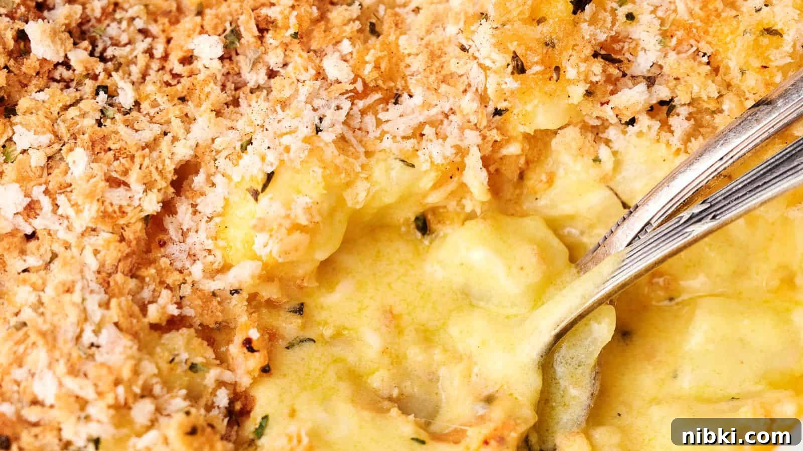 33 Christmas Potluck Recipes to Bring December Magic 12 Close-up of a creamy, golden-brown macaroni and cheese dish with a crunchy breadcrumb topping reminiscent of comforting funeral potatoes. A spoon is partially submerged in the cheese sauce.