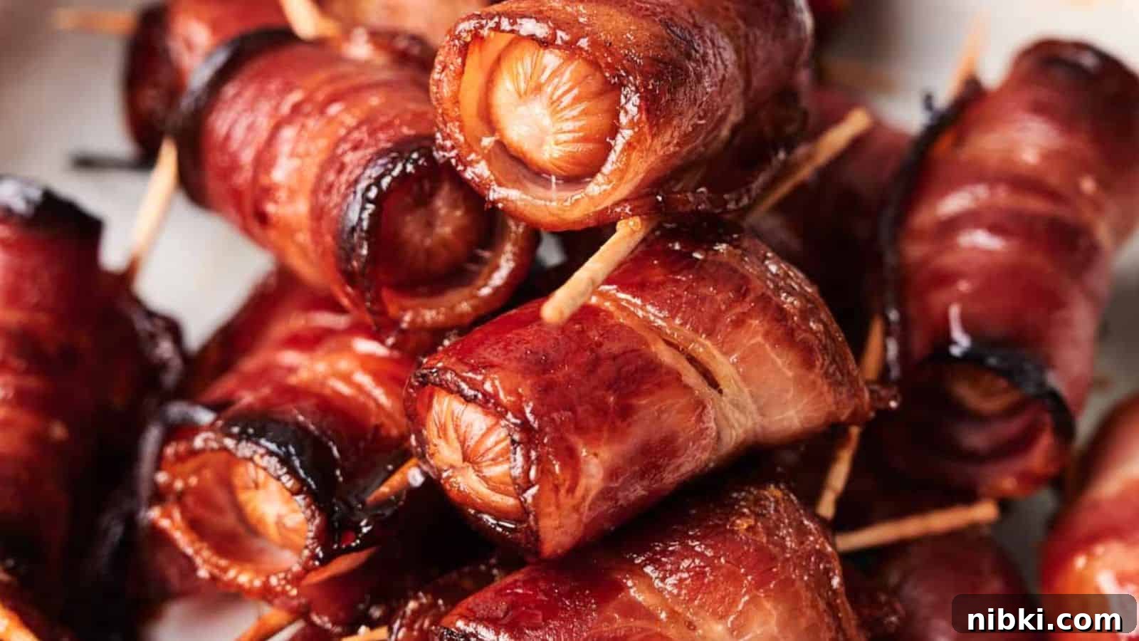 33 Christmas Potluck Recipes to Bring December Magic 13 A close-up of Bacon Wrapped Sugar Smokies, held together with toothpicks and cooked to a crispy finish.