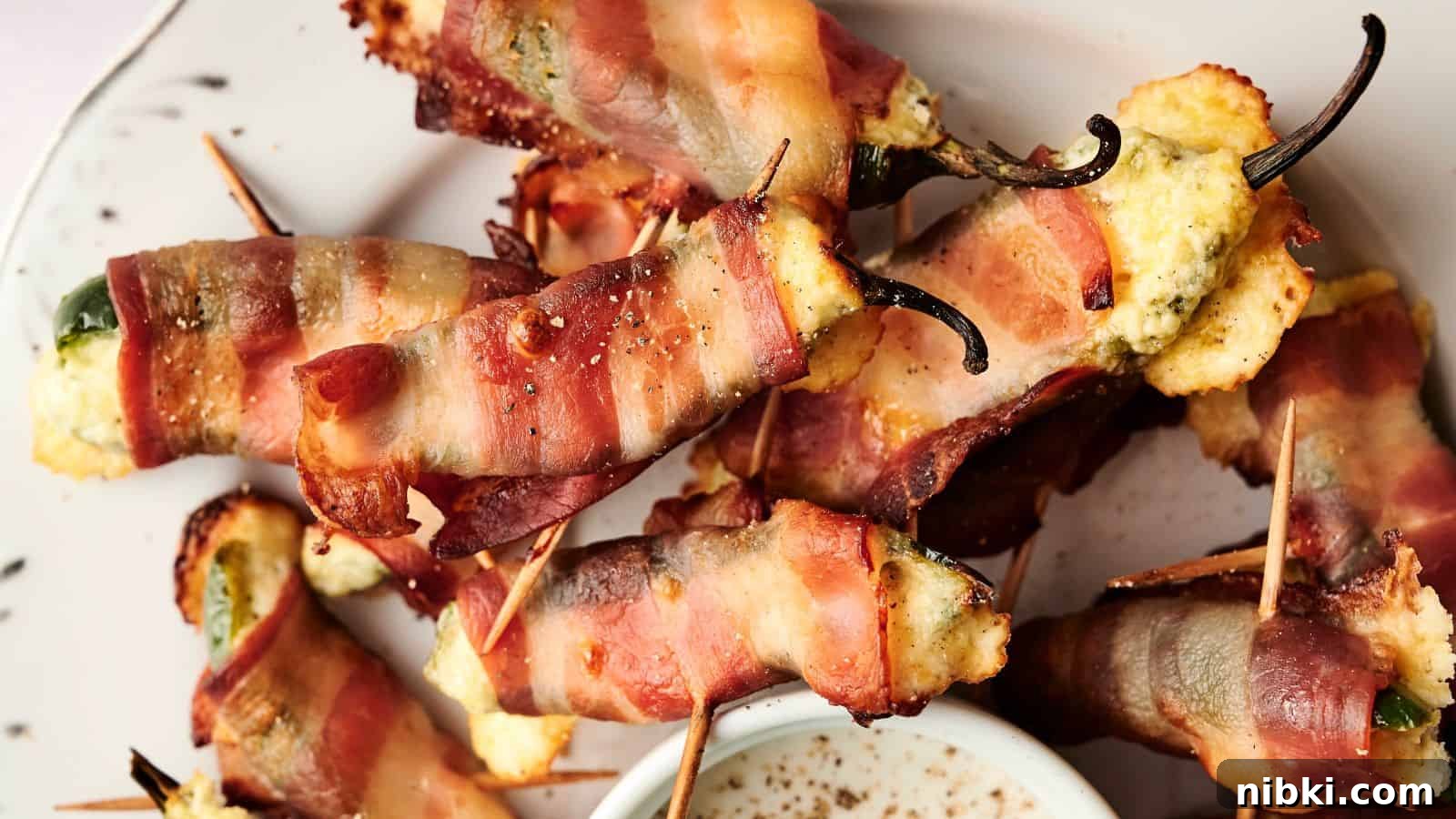 33 Christmas Potluck Recipes to Bring December Magic 19 A plate of bacon-wrapped jalapeño poppers filled with cheese, secured with toothpicks, next to a small dish of dipping sauce.