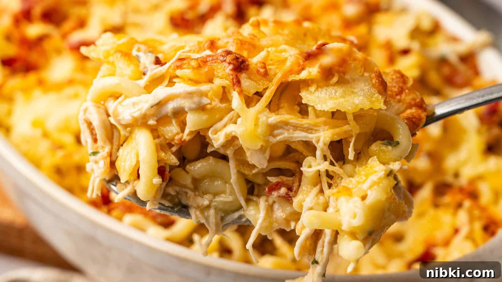 33 Christmas Potluck Recipes to Bring December Magic 24 A close-up of a spoonful of baked cheesy pasta casserole with shredded chicken and golden melted cheese on top.