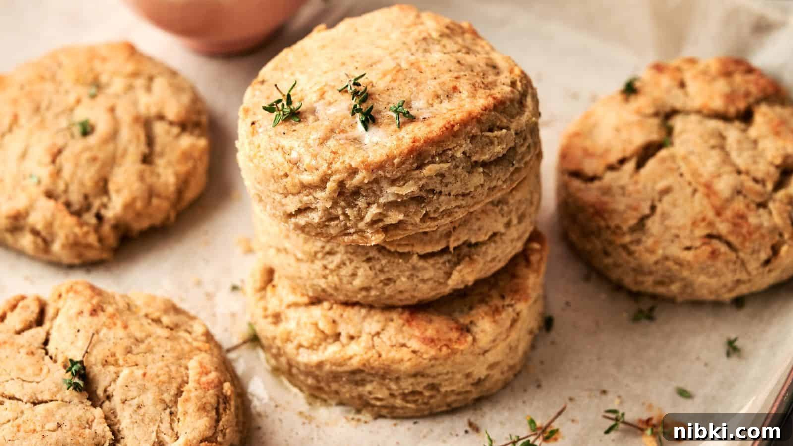 33 Christmas Potluck Recipes to Bring December Magic 25 A close-up of several golden-brown biscuits stacked on parchment paper, garnished with a few sprigs of fresh herbs.