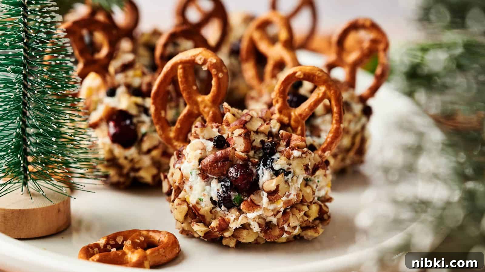 33 Christmas Potluck Recipes to Bring December Magic 9 Cheese balls coated with chopped nuts, topped with cranberries and pretzels, arranged on a white plate near a small artificial pine tree.