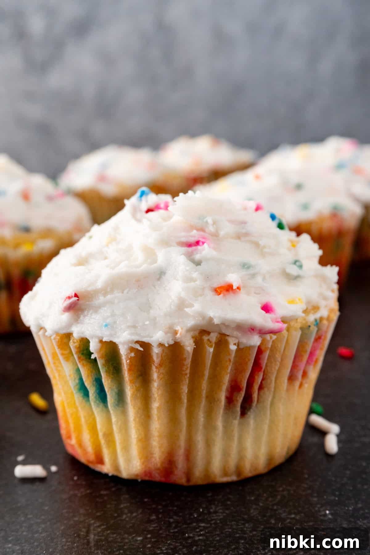 close up of funfetti cupcake.