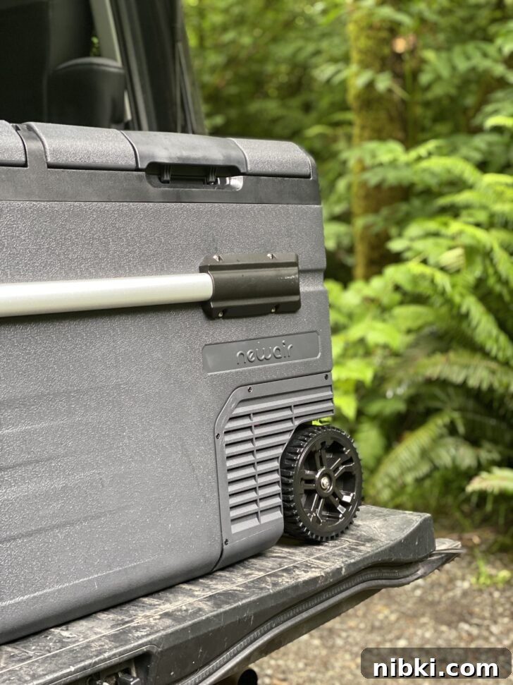 Newair cooler in back of car at campground