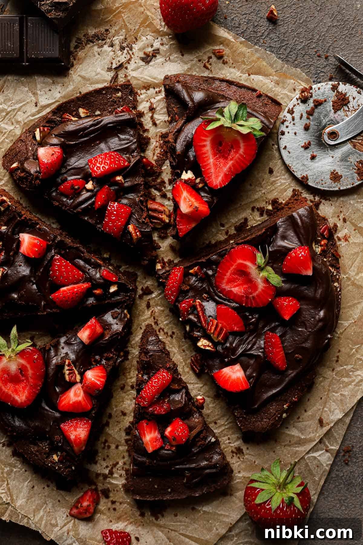 How to Make Brownie Pizza: Chocolate Dessert Pizza Recipe 2 brownie pizza topped with ganache and strawberries