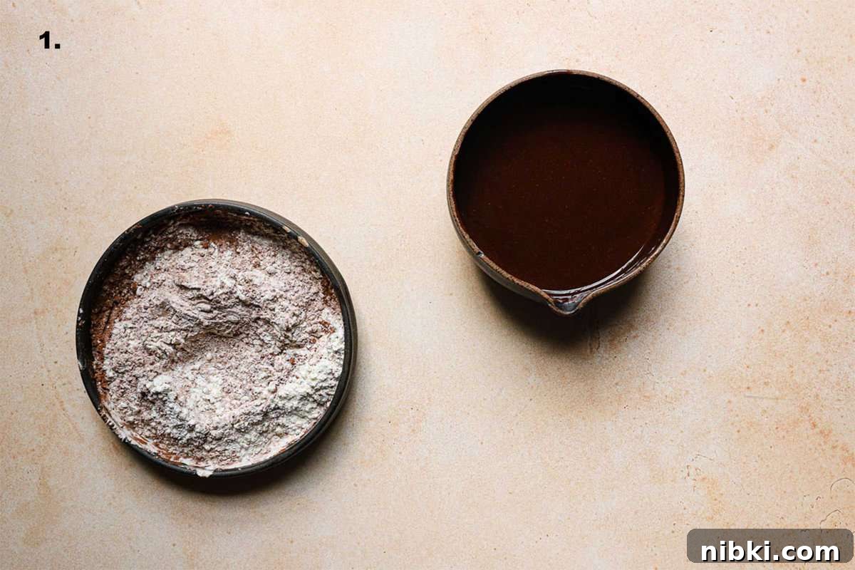 How to Make Brownie Pizza: Chocolate Dessert Pizza Recipe 6 A bowl with flour and cocoa powder and a bowl with melted chocolate.