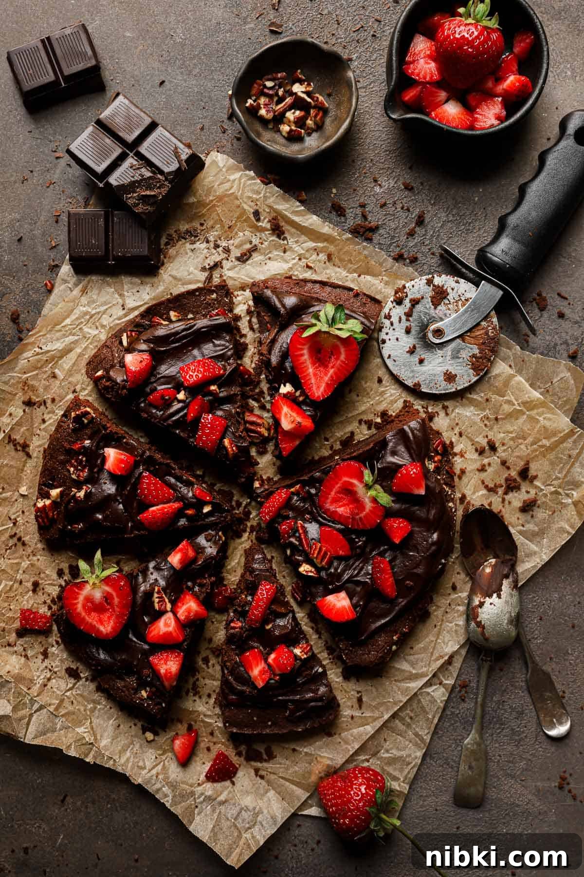 How to Make Brownie Pizza: Chocolate Dessert Pizza Recipe 7 Sliced chocolate strawberries dessert.