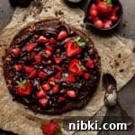 Pizza brownie with chocolate ganache and strawberries
