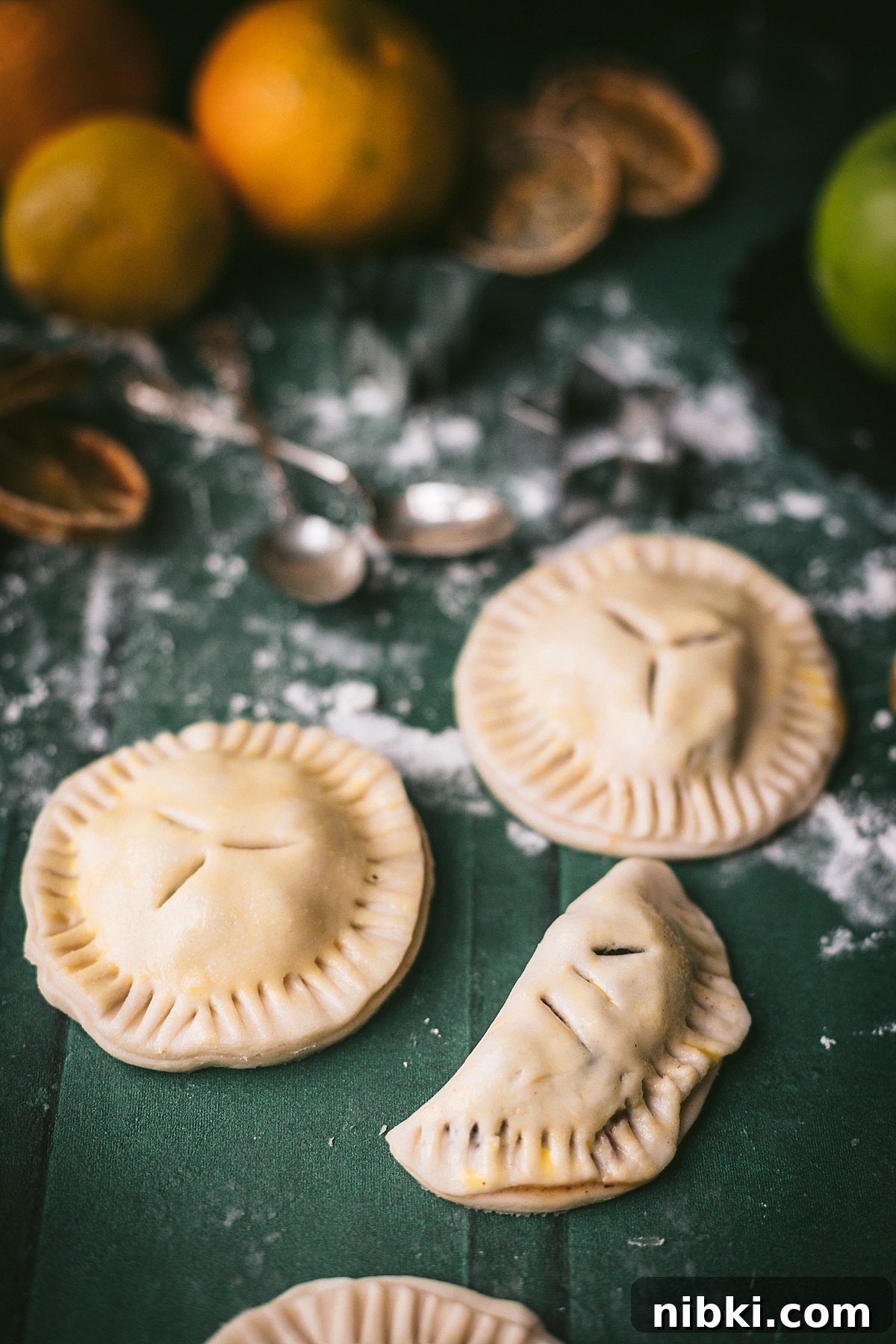 crimped handled mincemeat tarts - two full circles and one semi-circle