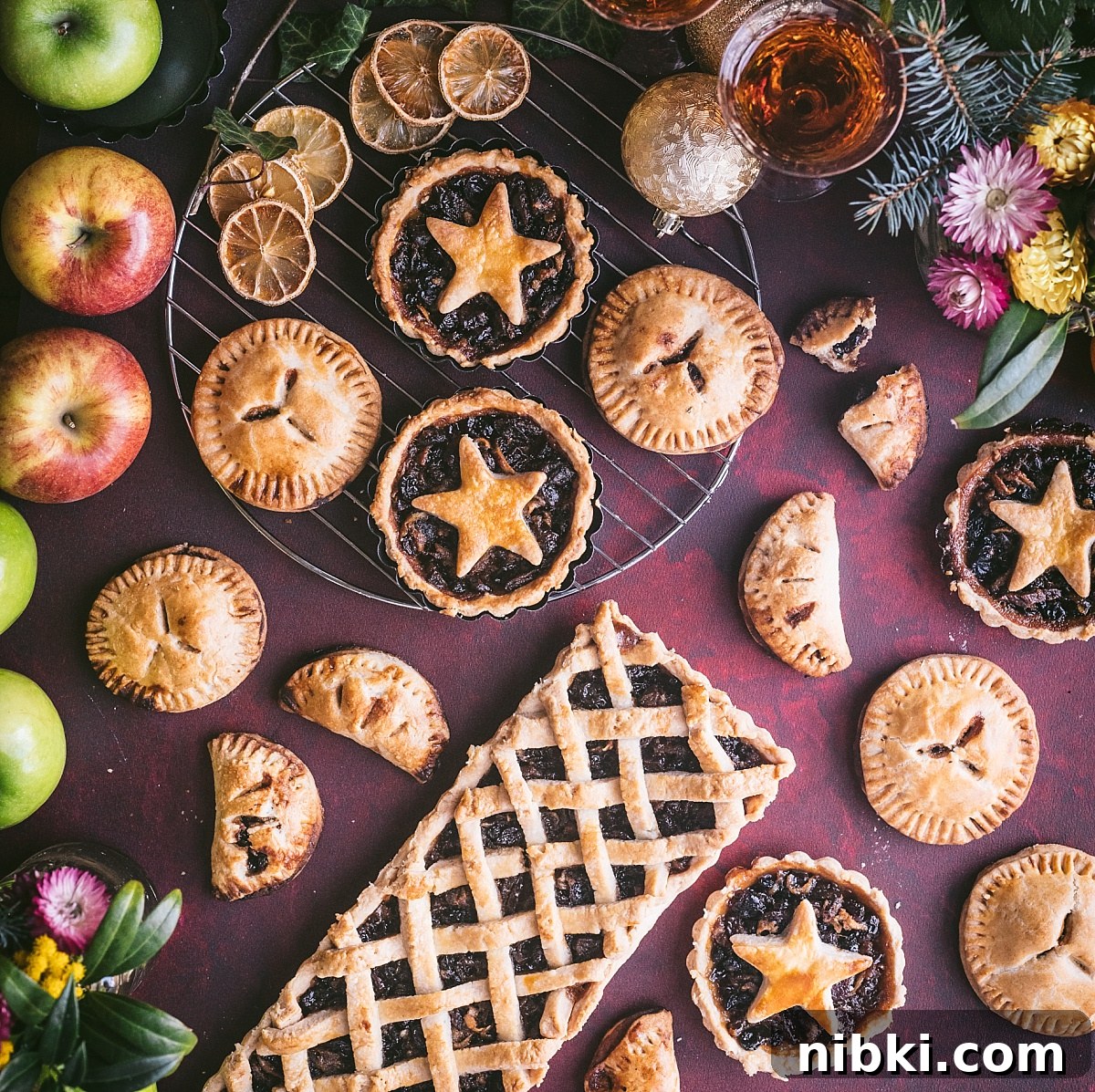 festive overhead shot of christmas mincemeat pies in all shapes and sizes on red background