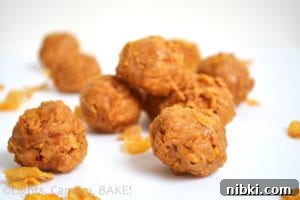 No-Bake Peanut Butter Chocolate Clusters Recipe 2 Peanut Butter Clusters - simple no-bake snack made with peanut butter, icing sugar, maple syrup and cornflakes