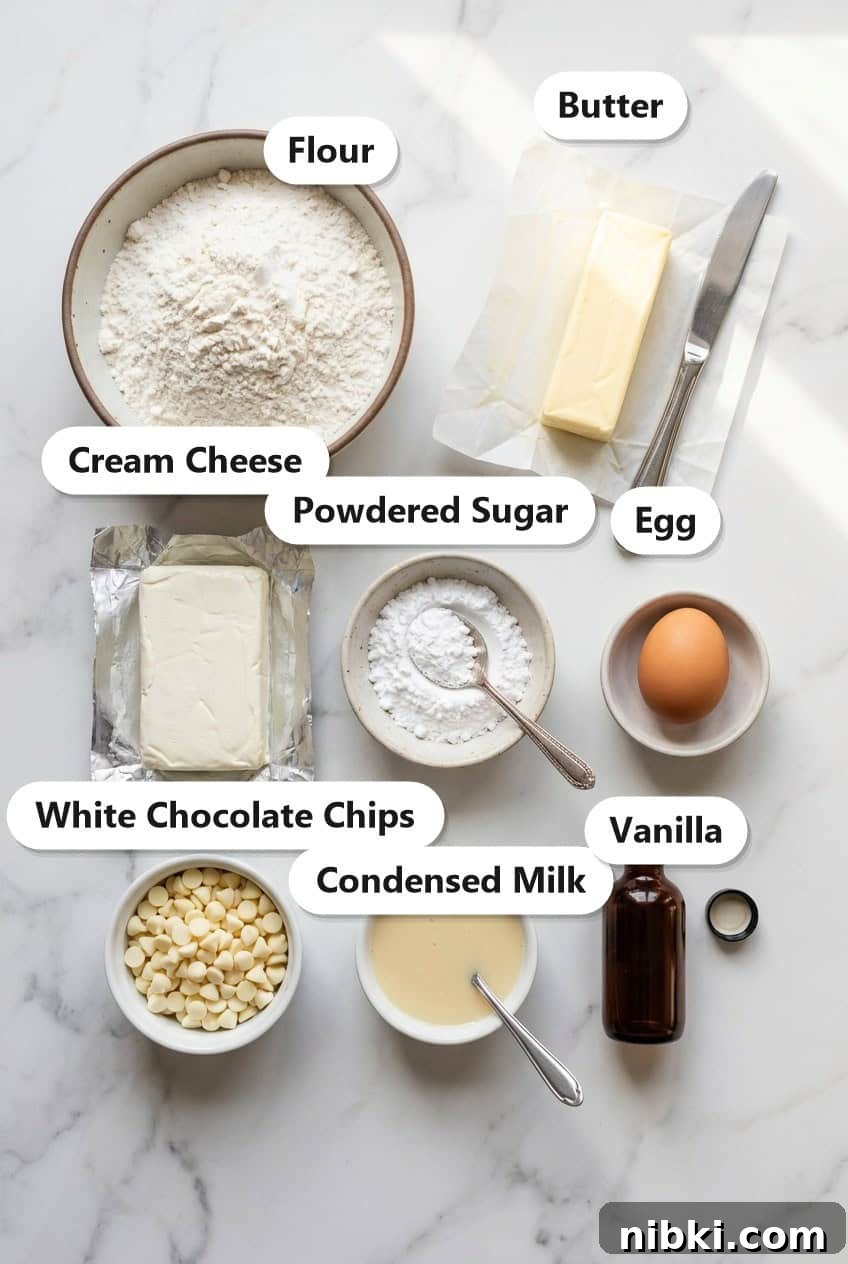 White Chocolate Thumbprint Cookies Recipe with Raspberry Jam 2 Flour, butter, cream cheese, powdered sugar, egg, white chocolate chips, condensed milk, and vanilla labeled for Thumbprint Cookies.