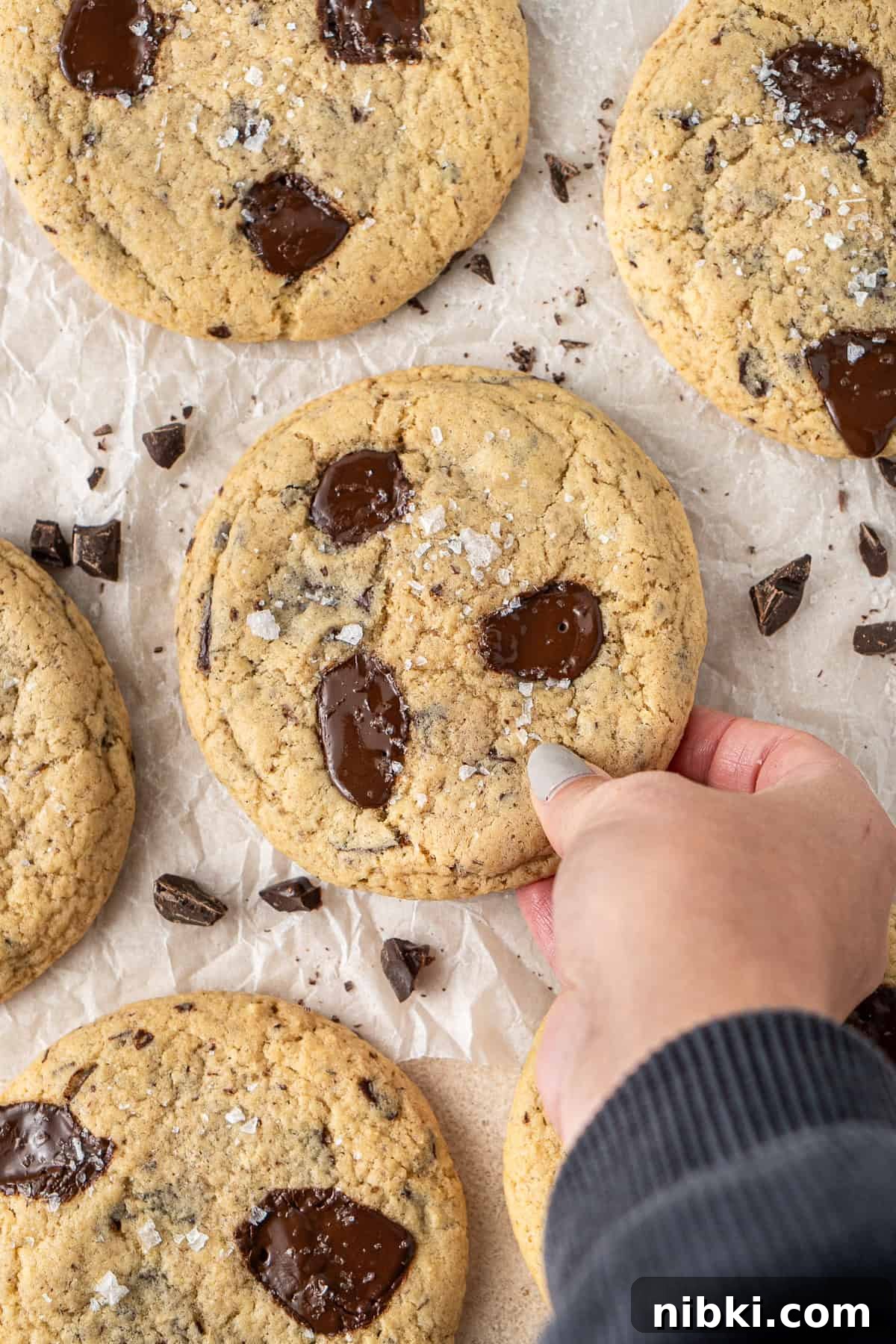 A hand picking up a giant chocolate chip cookies.