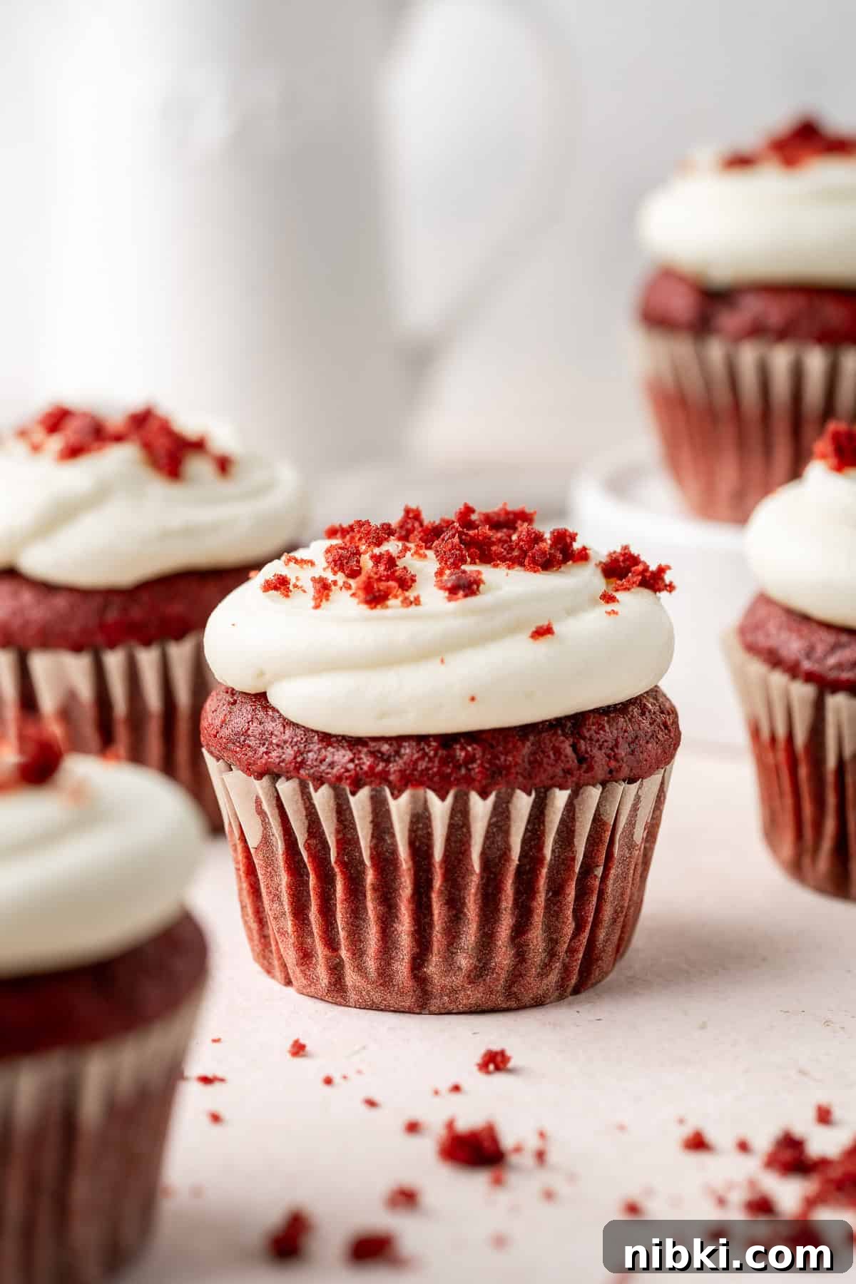 Vegan red velvet cupcakes with cream cheese frosting.