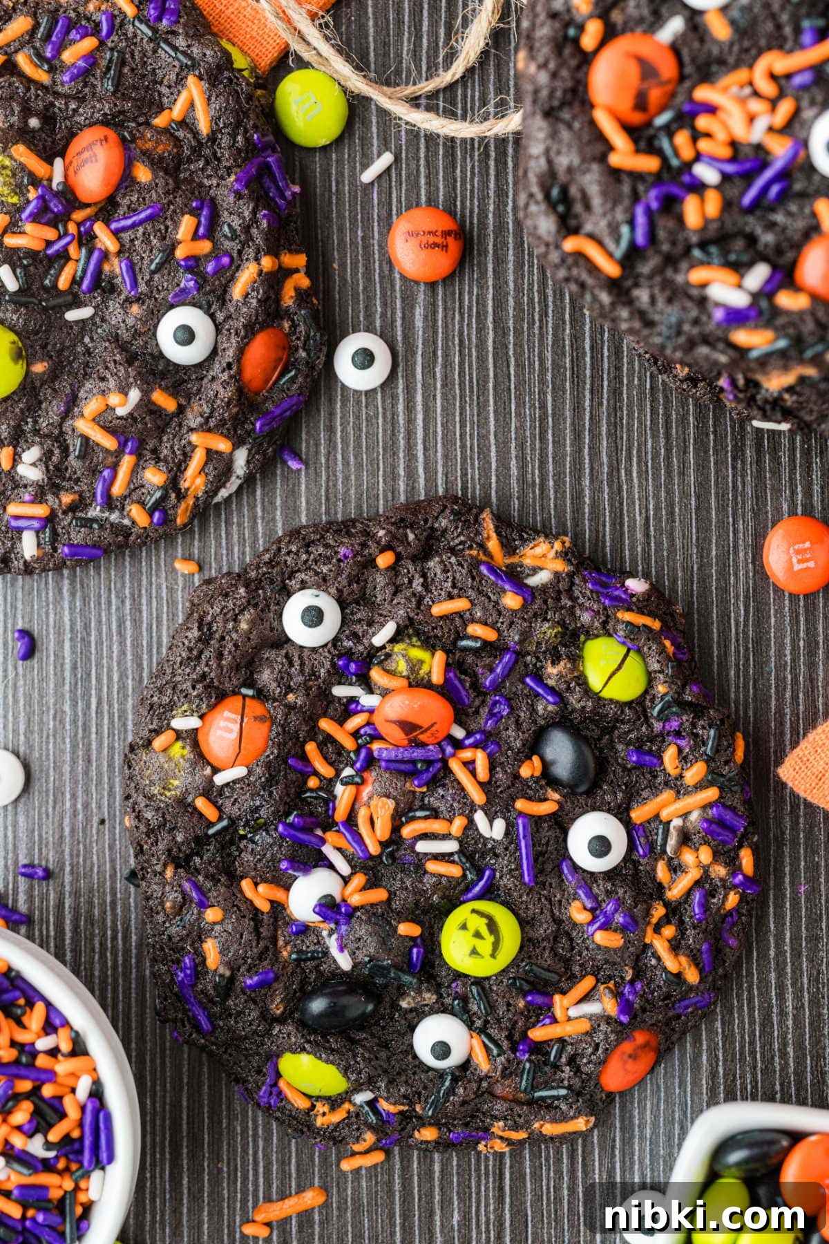 Spooky Halloween Cookie Recipes and Decorating Ideas 5 Overhead look at the cookies on a dark surface.