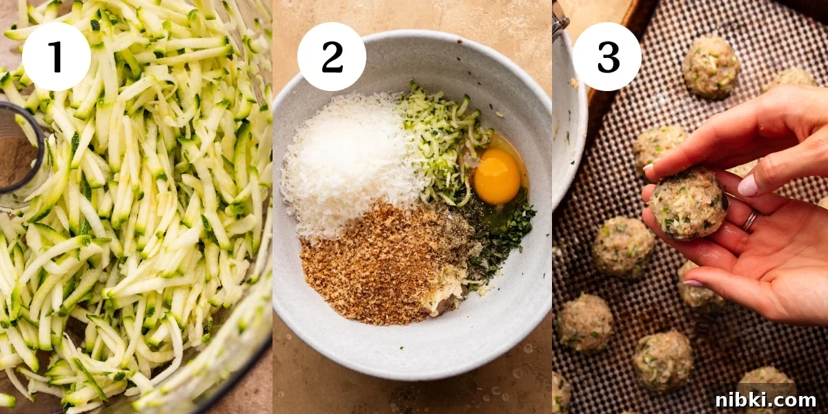 Chicken Parmesan Meatballs with Sauteed Zucchini 3 A collage of three photos showing how to make chicken parmesan meatballs with zucchini. The first photo shows a close up of zucchini shredded into small pieces. The second photo is a mixing bowl with the meatball ingredients in it. The third photo is a hand rolling the meatballs into balls.