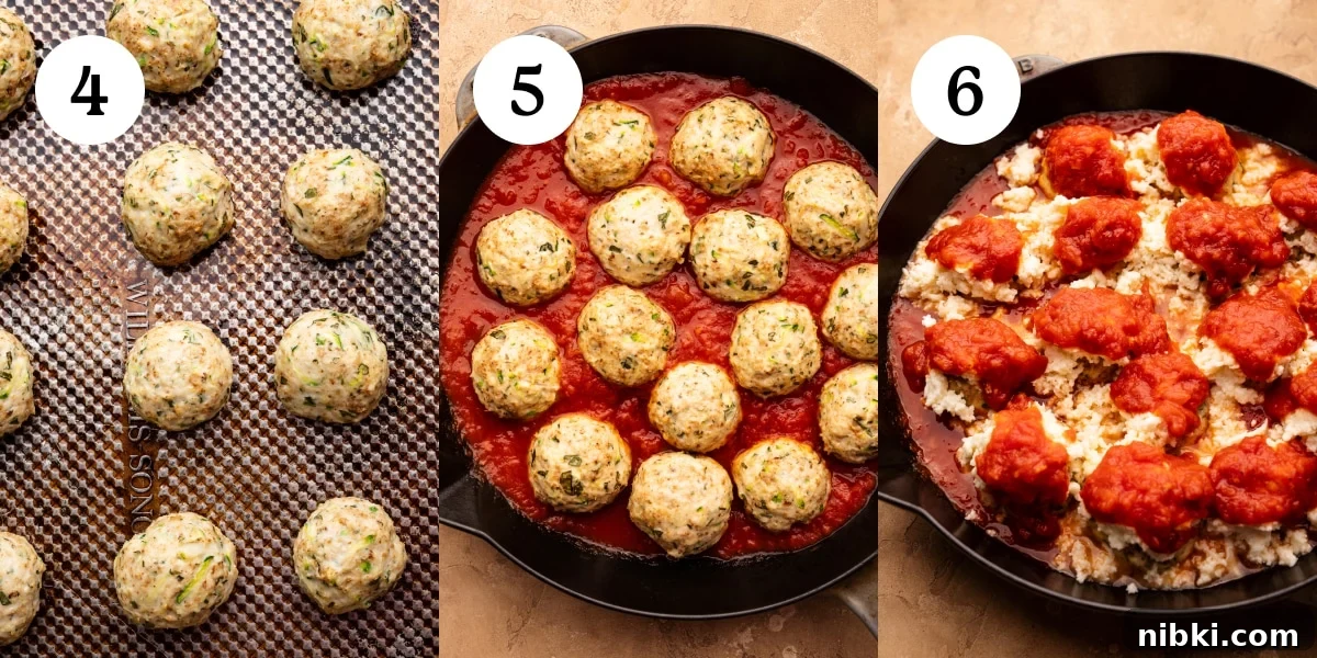 Chicken Parmesan Meatballs with Sauteed Zucchini 4 A collage of three photos showing how to cook chicken parmesan meatballs. The first photo is the cooked meatballs lined on a sheet pan. The second photo is the cooked meatballs in a skillet pan with sauce on the bottom. The third photo is the same pan of meatballs, with cheese and sauce over top of the meatballs before they're baked.