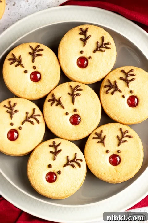 A plate of Reindeer cookies set on a second plate and a red linen napkin. Set on an off white backdrop in the background.