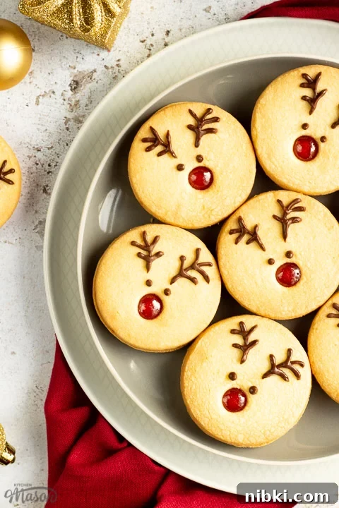 A plate of Reindeer cookies set on a second plate and a red linen napkin. Set on an off white backdrop with golden baubles, golden presents and more reindeer cookies in the background.