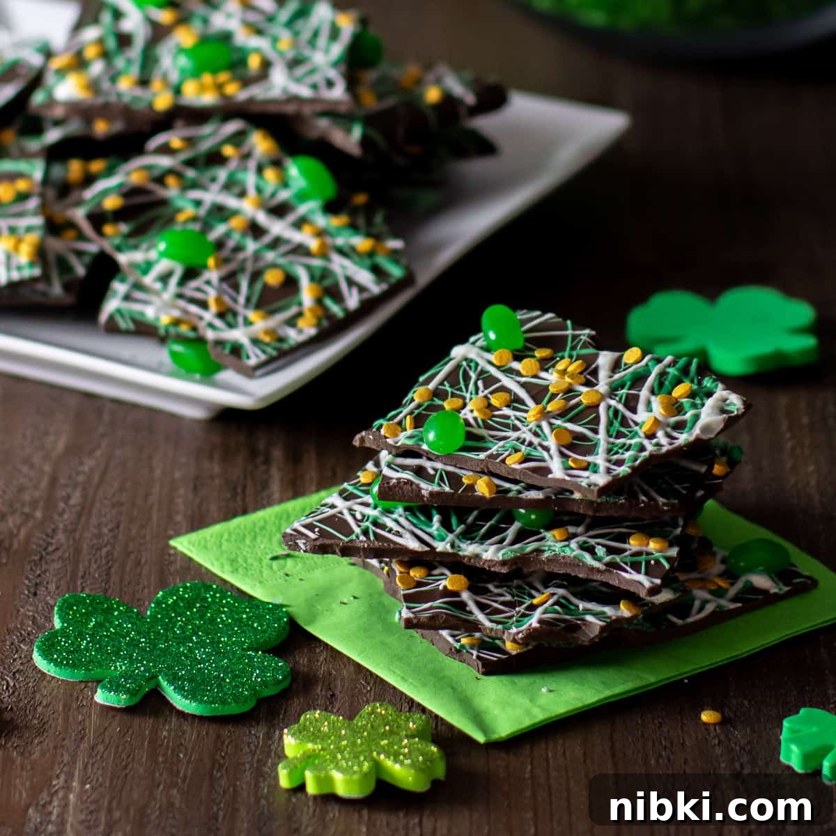 St. Patrick's Day Leprechaun Chocolate Bark Recipe 2 Overhead picture of a plate of chocolate candy.