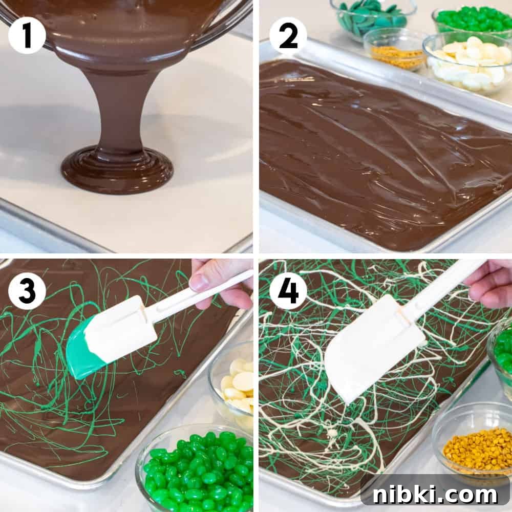 St. Patrick's Day Leprechaun Chocolate Bark Recipe 5 Step by Step photos showing how to spread melted chocolate.