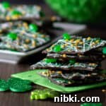 A stack of chocolates with a St. Patrick's Day holiday theme.