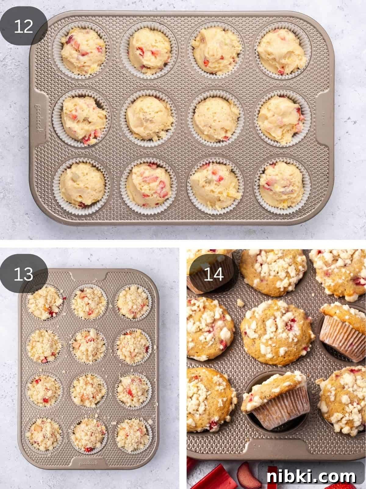Strawberry Rhubarb Muffins with Lemony Streusel Topping 8 Portioning muffin batter into tin, adding streusel, and final bake.