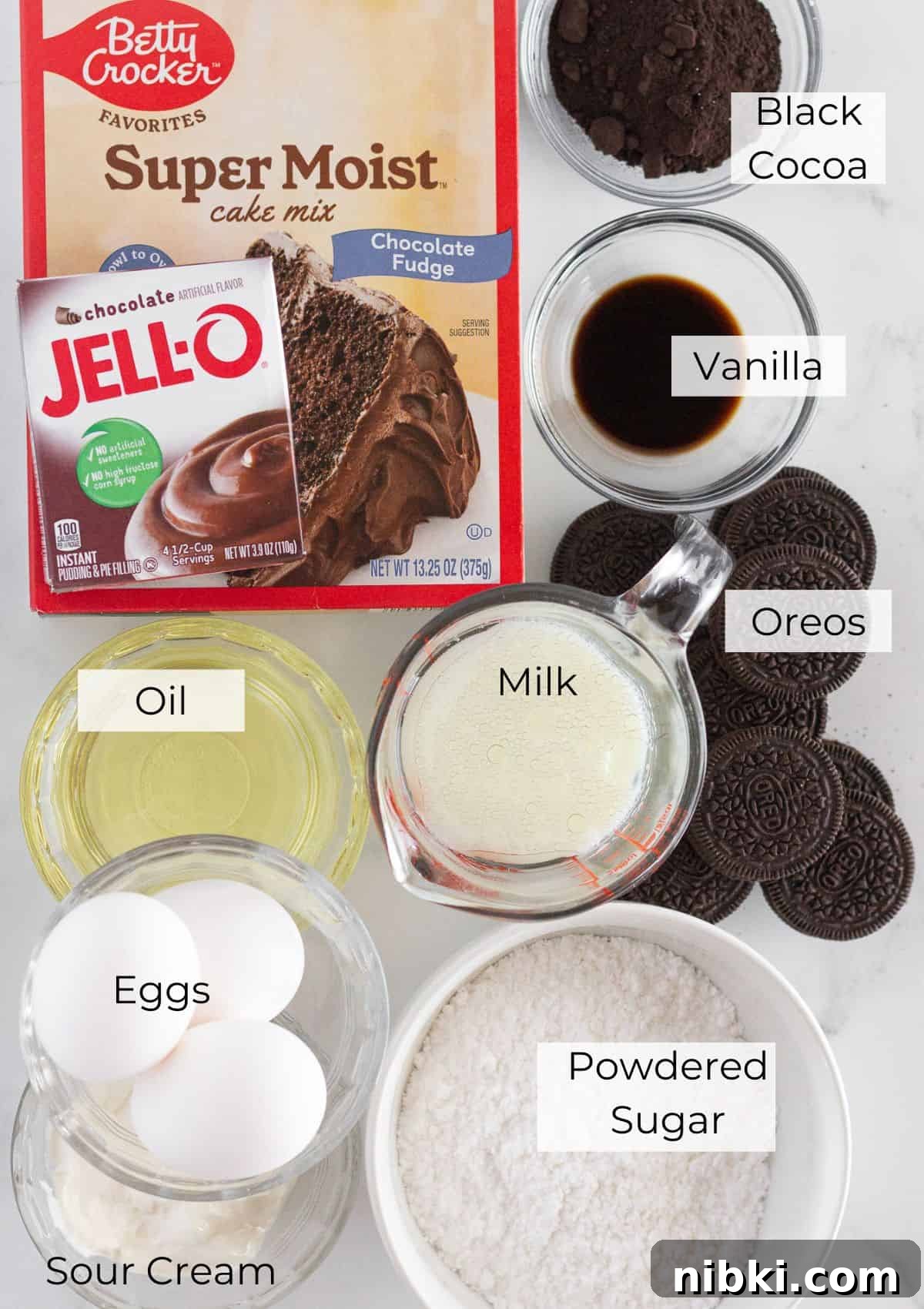 The ingredients needed to make an Oreo Bundt Cake.