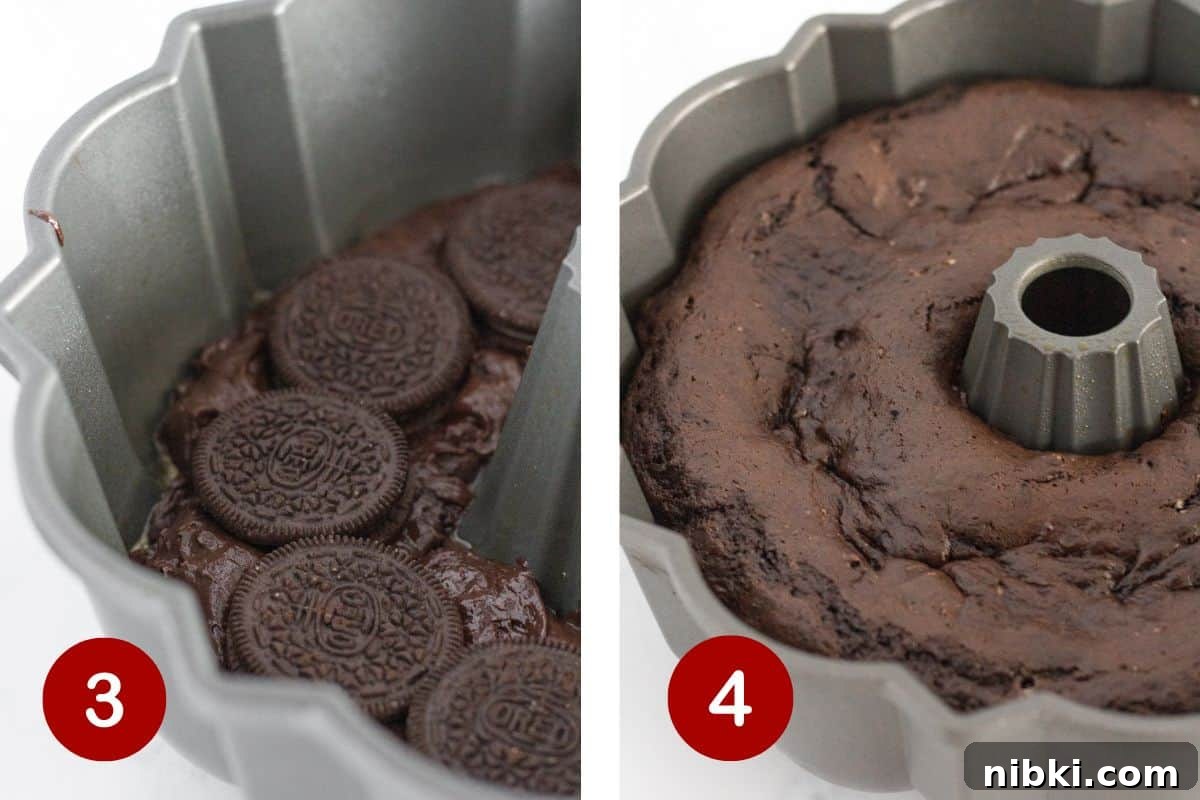 Putting the cake batter and oreo cookies in bundt pan and baking it.