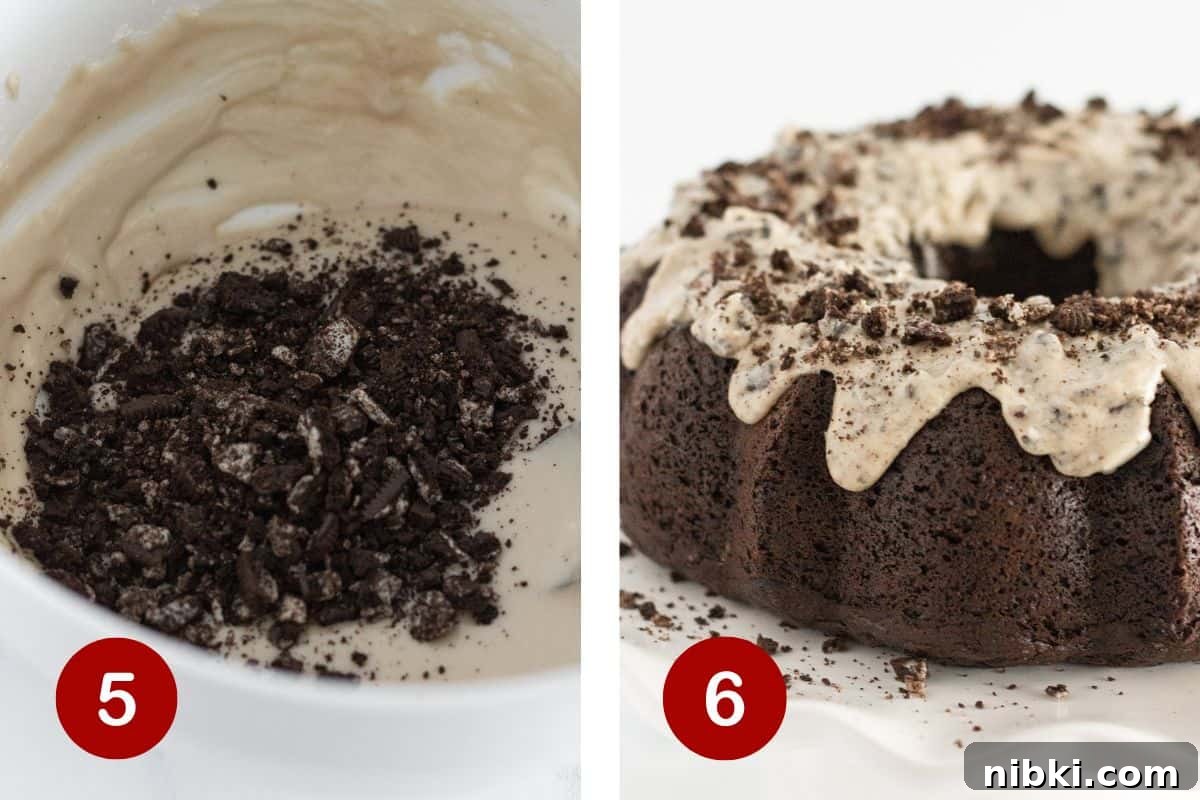 Making the Oreo Cream Glaze and adding it to the top of the Oreo cake.