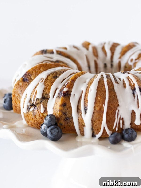 A finished blueberry bundt cake.