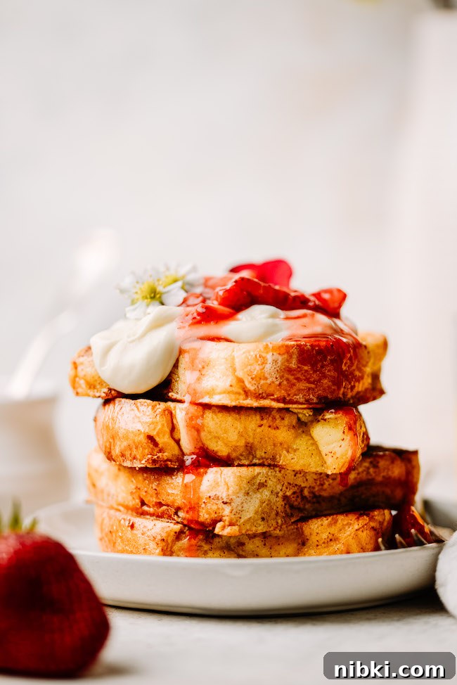 Brioche French Toast with Strawberries and Cream Recipe 2 Stacked brioche french toast with strawberries
