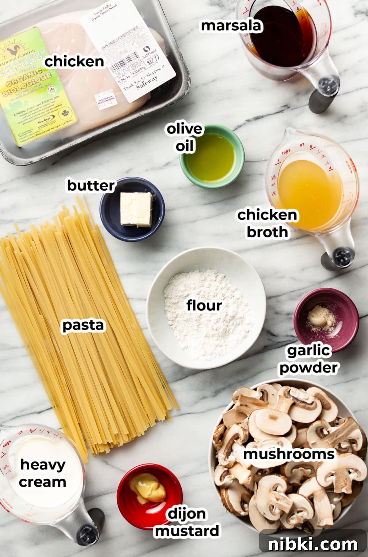 Creamy Chicken Marsala Pasta with Mushrooms 2 ingredients for chicken marsala pasta in prep bowls