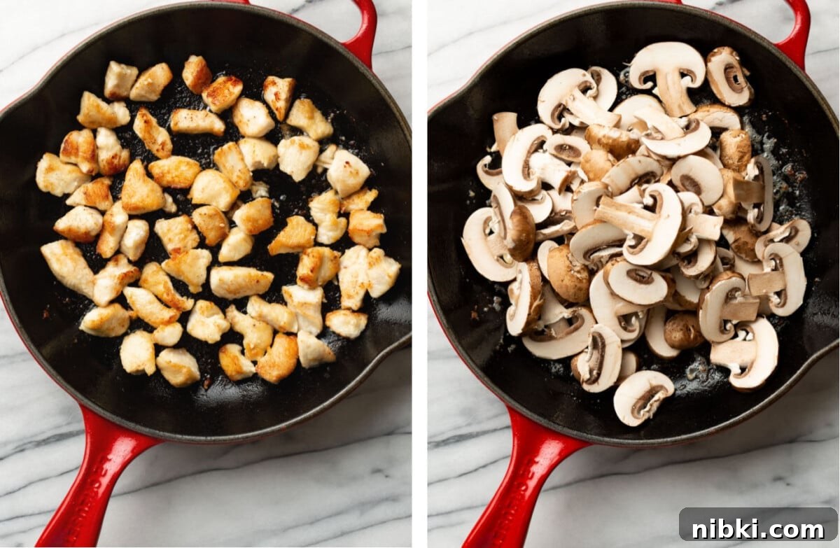 Creamy Chicken Marsala Pasta with Mushrooms 3 sauteing chicken and mushrooms in a skillet
