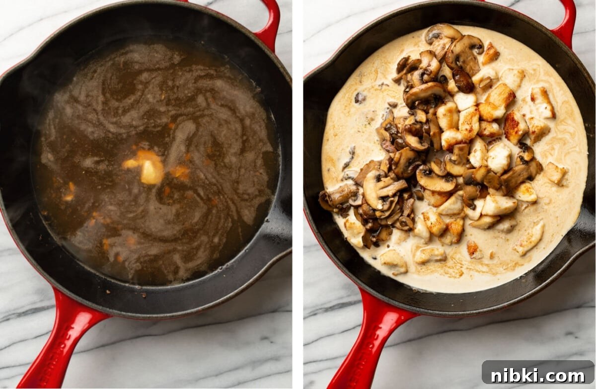 Creamy Chicken Marsala Pasta with Mushrooms 4 making marsala sauce in a skillet and adding in chicken and mushrooms
