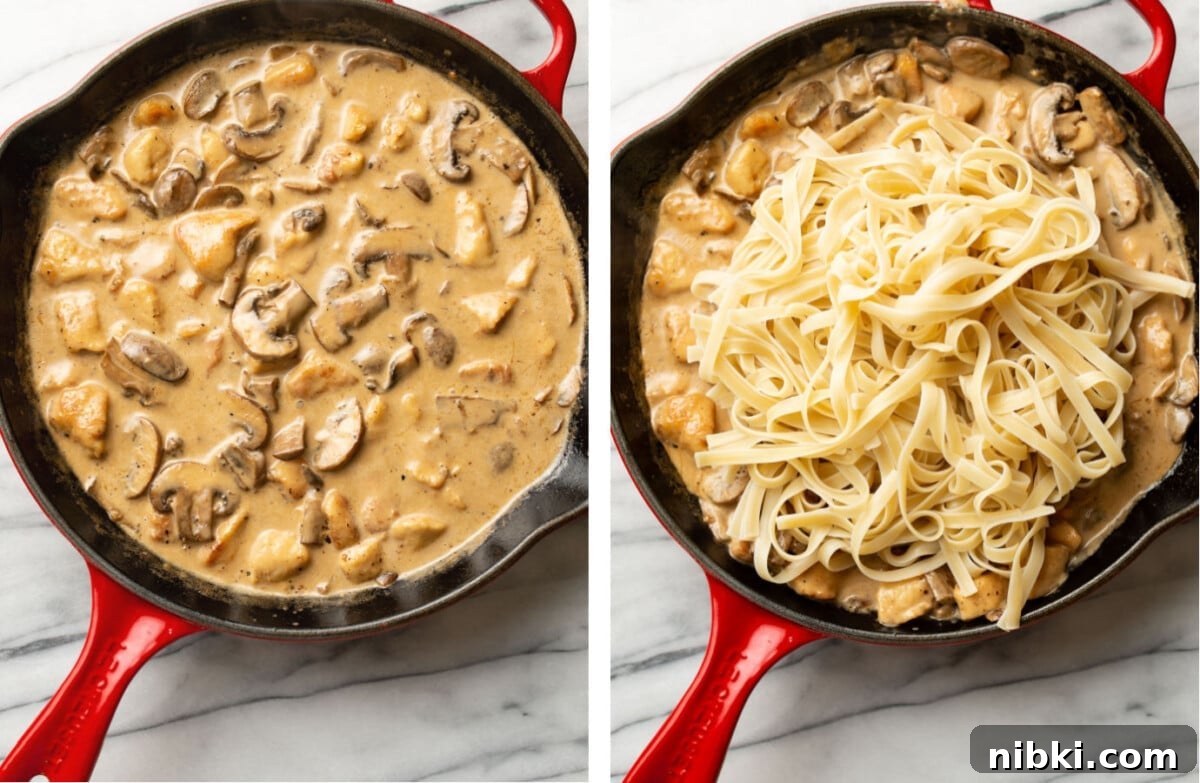 Creamy Chicken Marsala Pasta with Mushrooms 5 tossing fettuccine with marsala sauce in a skillet