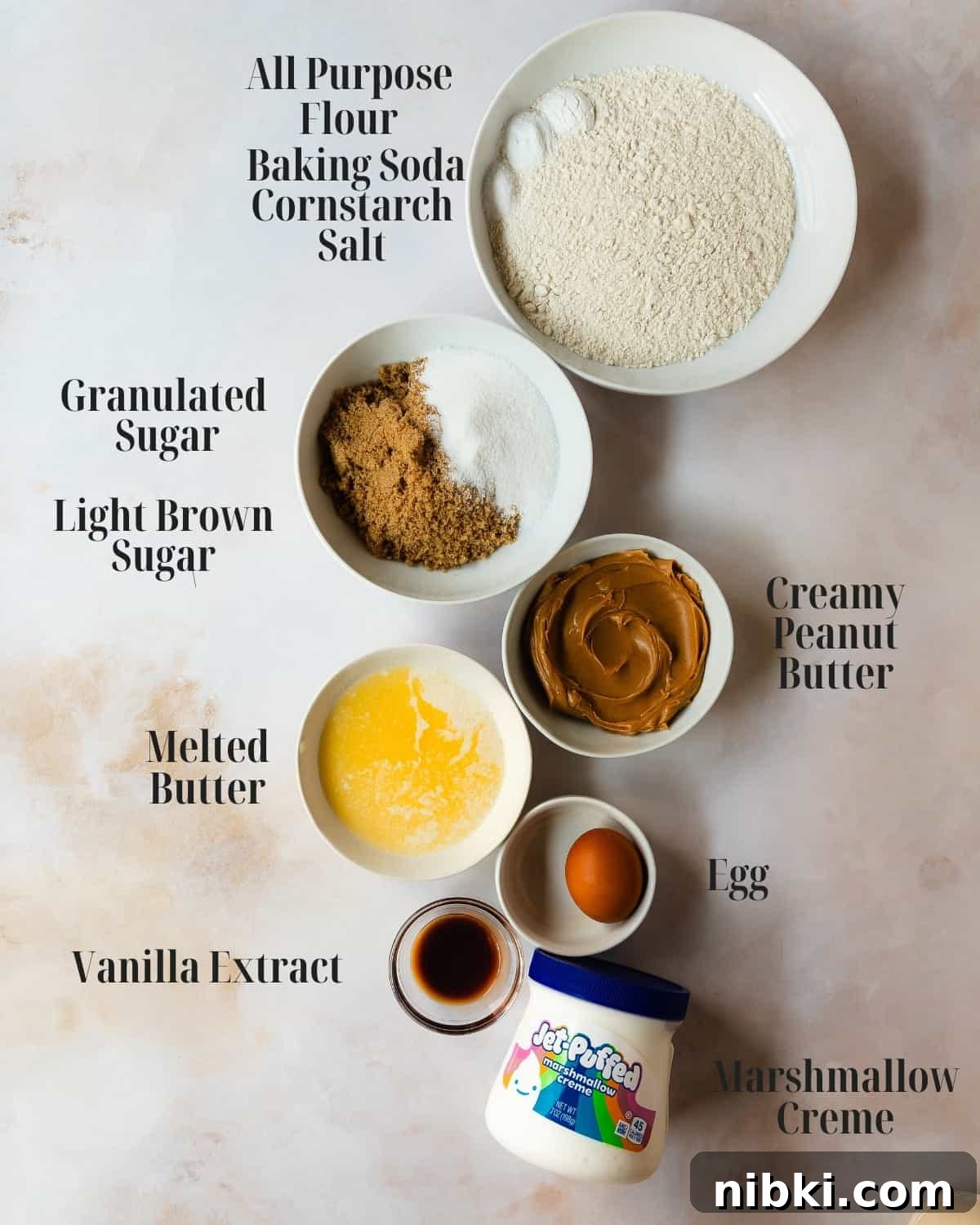 Fluffernutter Cookies Recipe with Peanut Butter and Marshmallow 3 Dry Ingredients: Gather all purpose flour, cornstarch, baking soda and salt. Wet Ingredients: Gather melted and cooled butter, creamy peanut butter, light brown sugar, granulated sugar, an egg, vanilla extract, and marshmallow fluff, marshmallow creme or regular marshmallows.