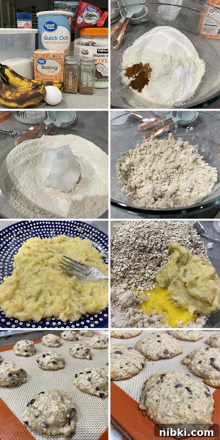 8-photo picture collage of step-by-step photos of how to make the best banana oatmeal cookies.