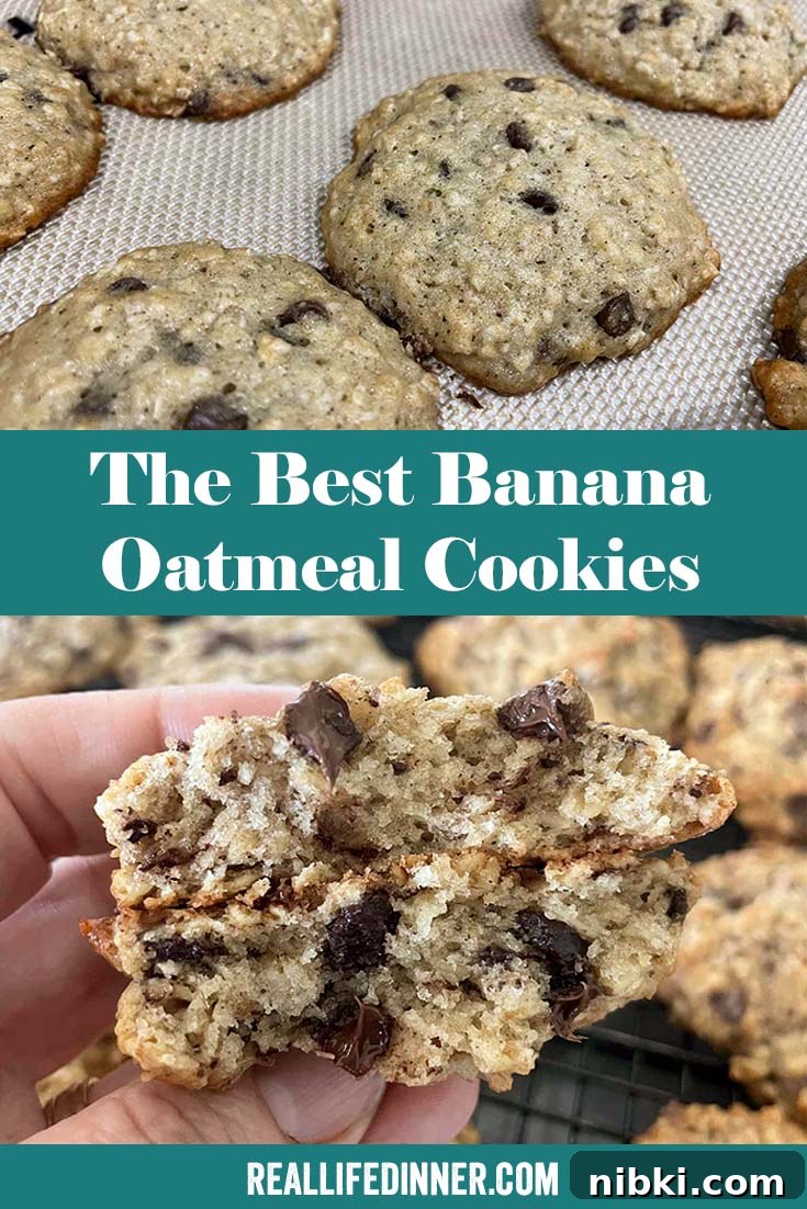 Two-photo Pinterest picture of the best banana oatmeal cookies with the text of the title in the middle, separating the two photos.