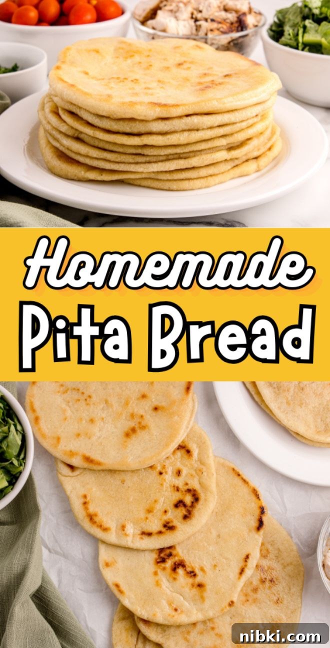 Stack of homemade pita bread on a plate, surrounded by fresh ingredients and pita bread slices on the table.