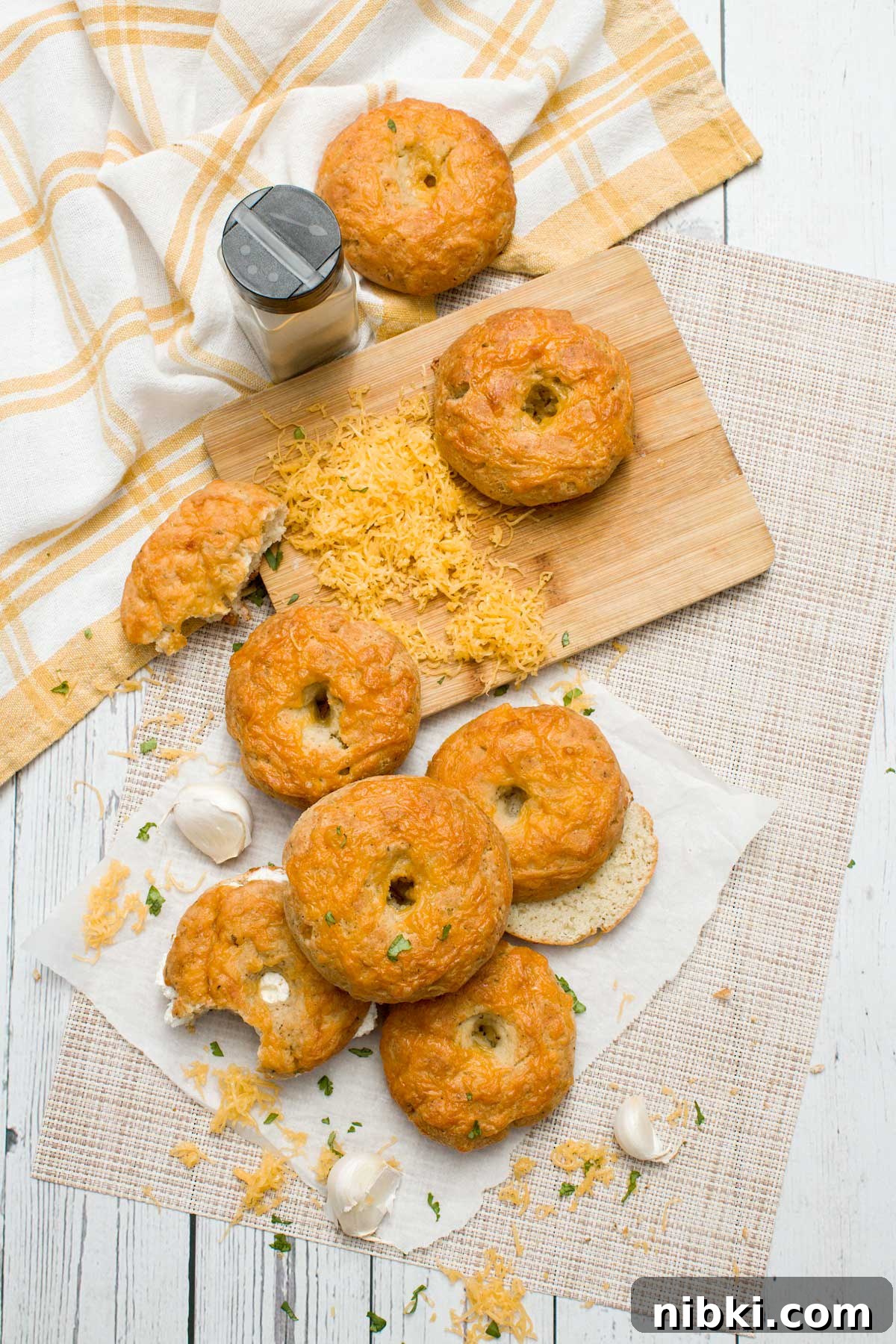 Cheddar Protein Bagels Without Yeast 2 Stack of cheddar cheese bagels.