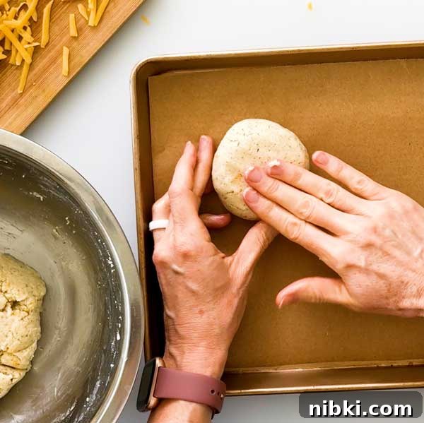 Cheddar Protein Bagels Without Yeast 6 Gently pressing the ball of dough into a round bagel shape on a parchment-paper-lined baking sheet.