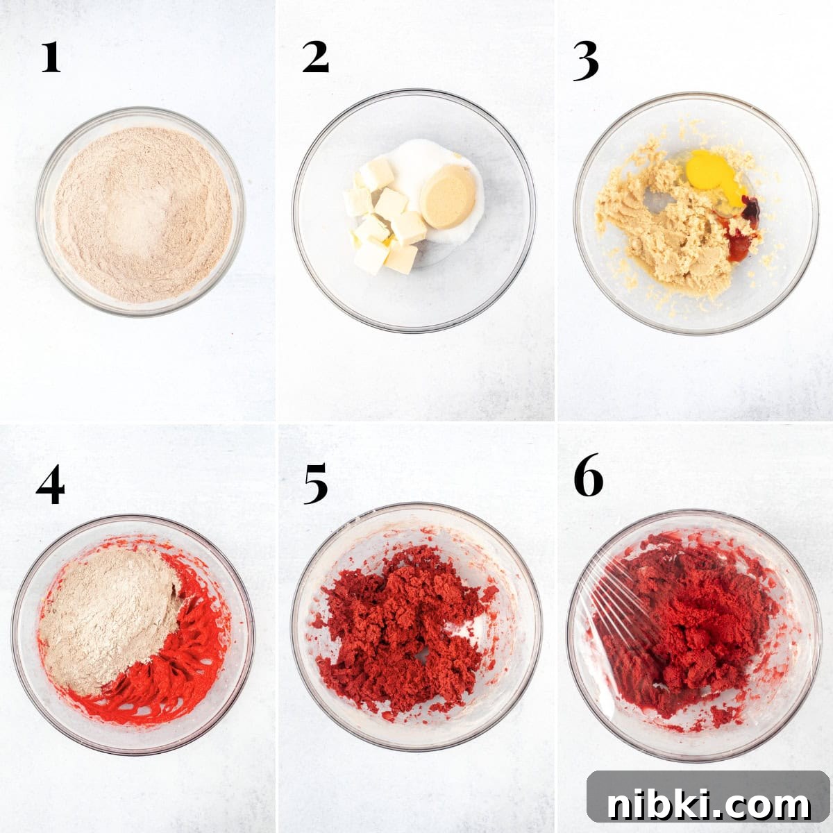 Red Velvet Blossom Bouquet Ideas for Weddings and Gifts 4 Collage showing step by step photos of how to make red velvet cookie dough