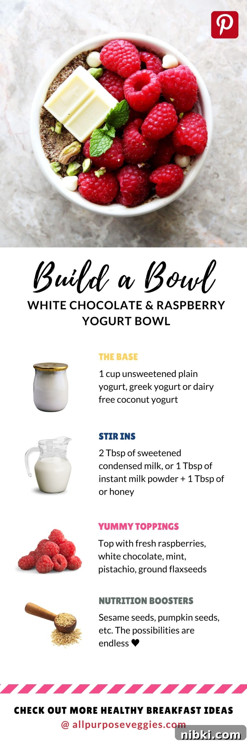 Creamy White Chocolate and Raspberry Yogurt Bowl Recipe 3 white choco raspberry yogurt bowl pinterest pin