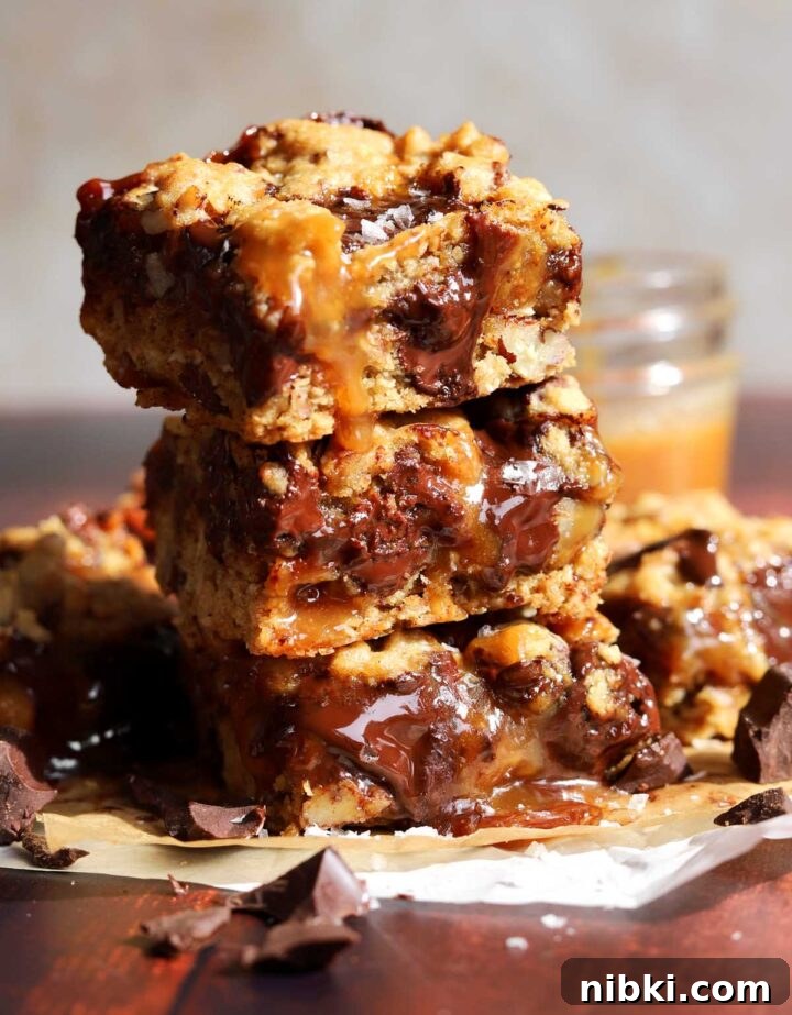 Salted Caramel Oatmeal Chocolate Chip Cookie Bars Recipe 2 stack of caramel oatmeal chocolate chip cookie bars